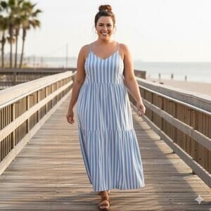 Old Navy Katherine Tiered Maxi Dress 2X Blue Stripe Coastal Grandma Cottagecore